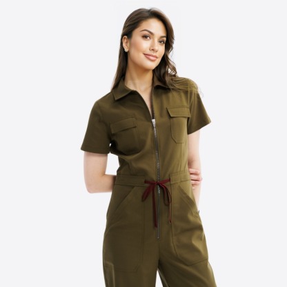Women's Polo Neck Four Pockets Straight Leg Jumpsuit