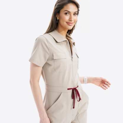 Women's Polo Neck Four Pockets Straight Leg Jumpsuit