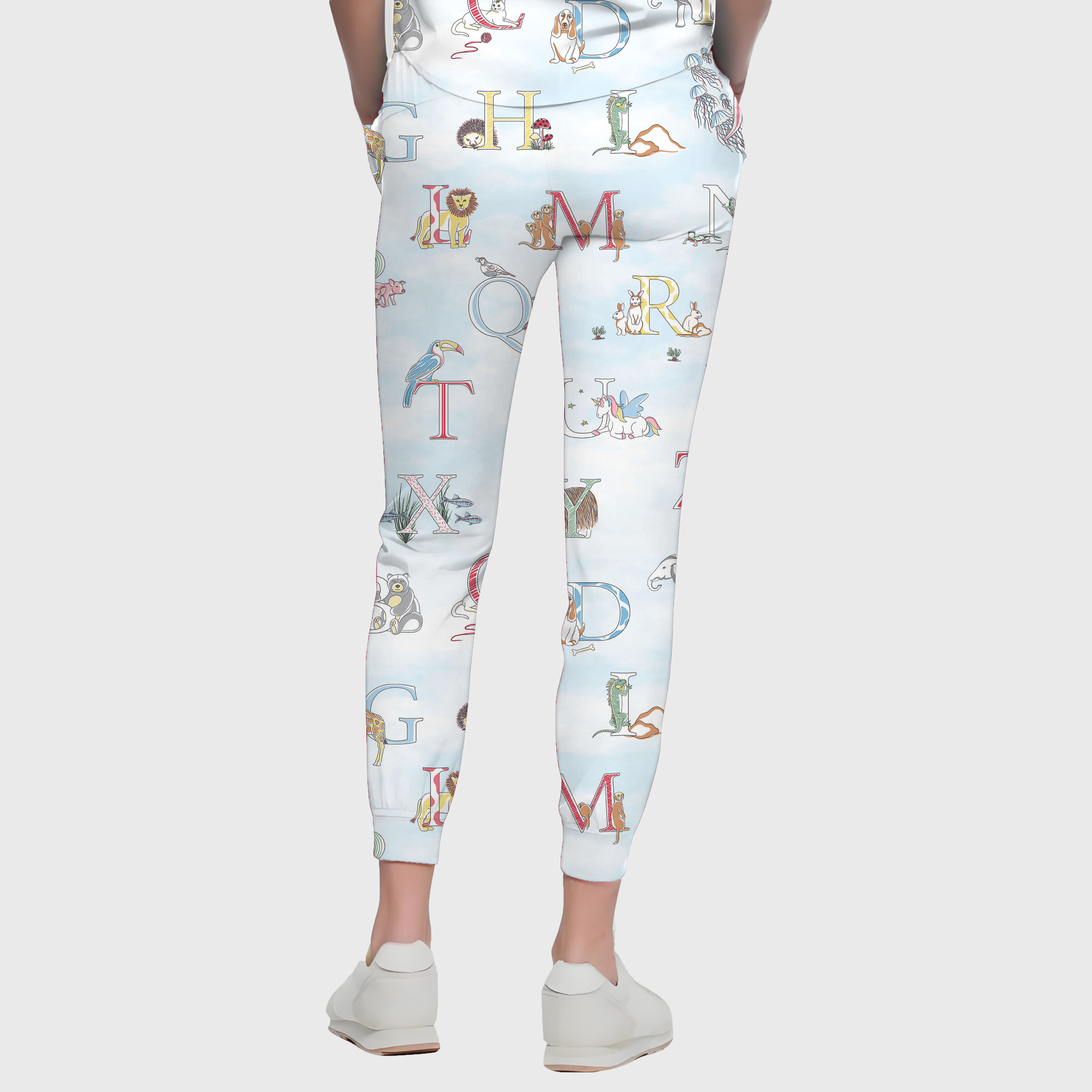 Women's Cap Sleeve Letter Animals Printed Scrub Set