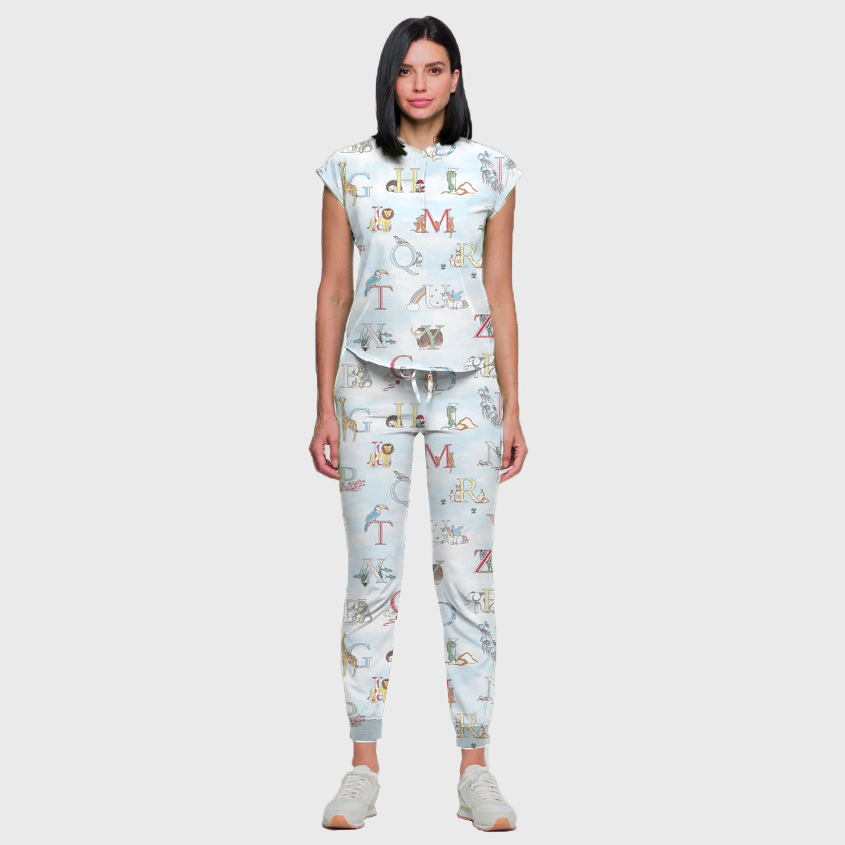 Women's Cap Sleeve Letter Animals Printed Scrub Set