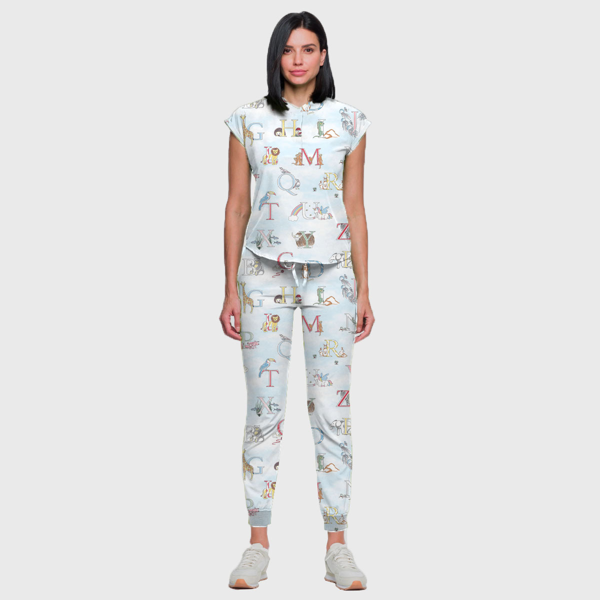 Women's Cap Sleeve Letter Animals Printed Scrub Set