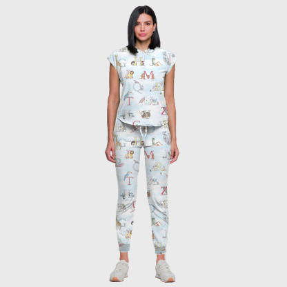 Women's Cap Sleeve Letter Animals Printed Scrub Set
