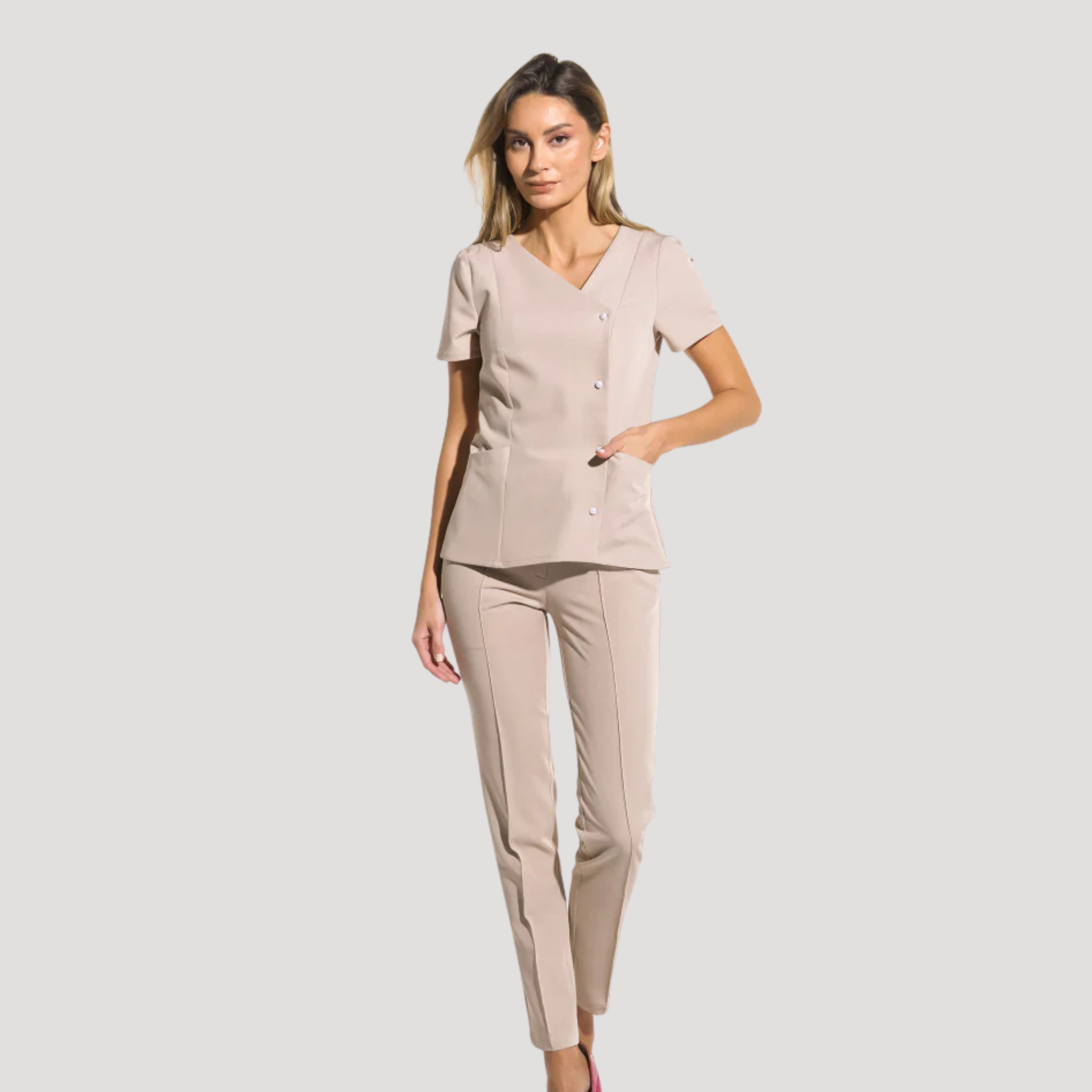Women's Mushroom Buttons Two Pockets Scrub Top