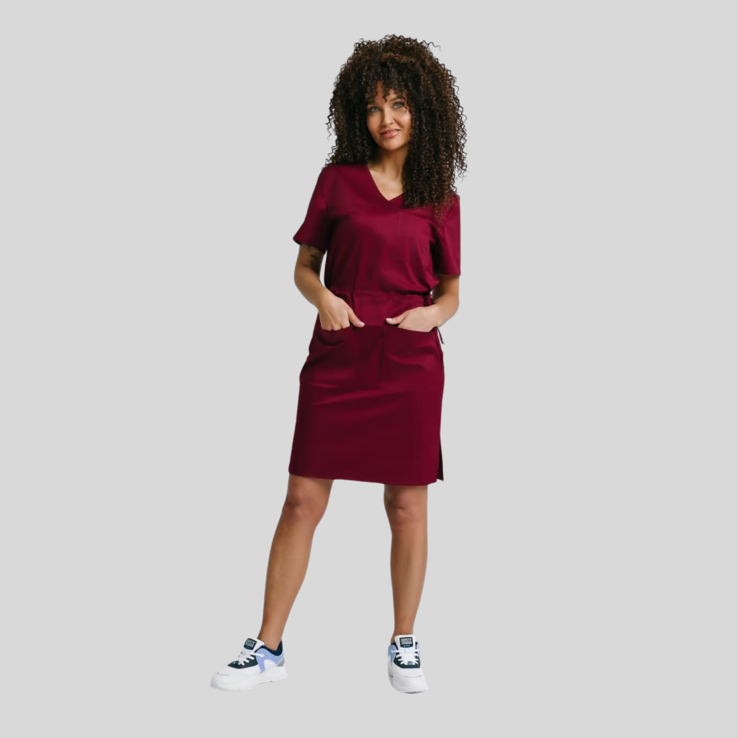 Medical Casual V-Neck Elastic Waist Scrub Dress