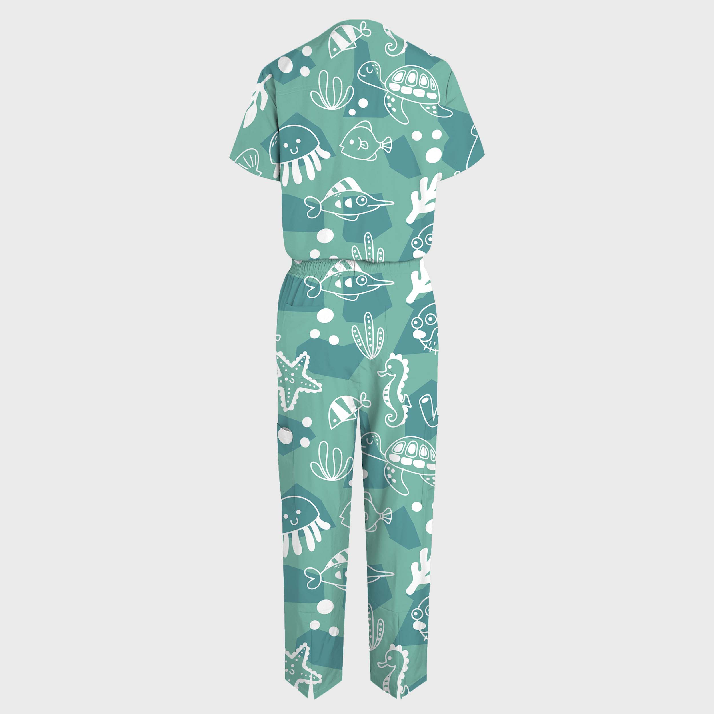 Women's V-Neck Wide Leg Under the Sea Print Scrub Jumpsuit