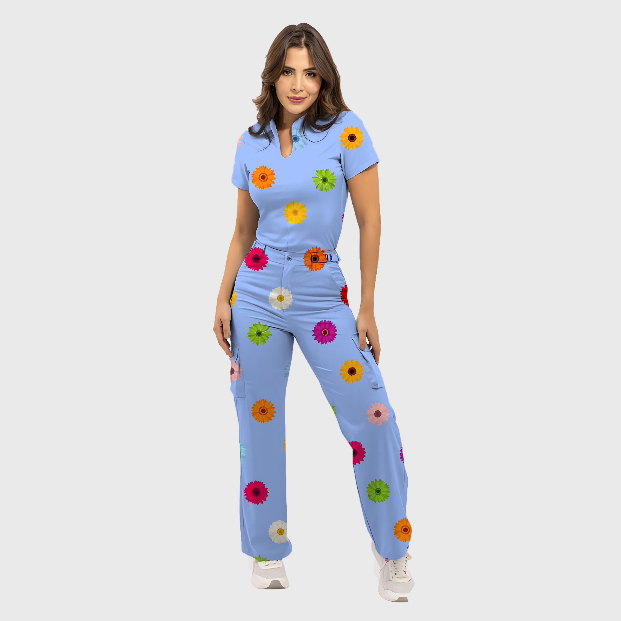 Women's Colorful Daisy Pattern Scrub Set ST6196