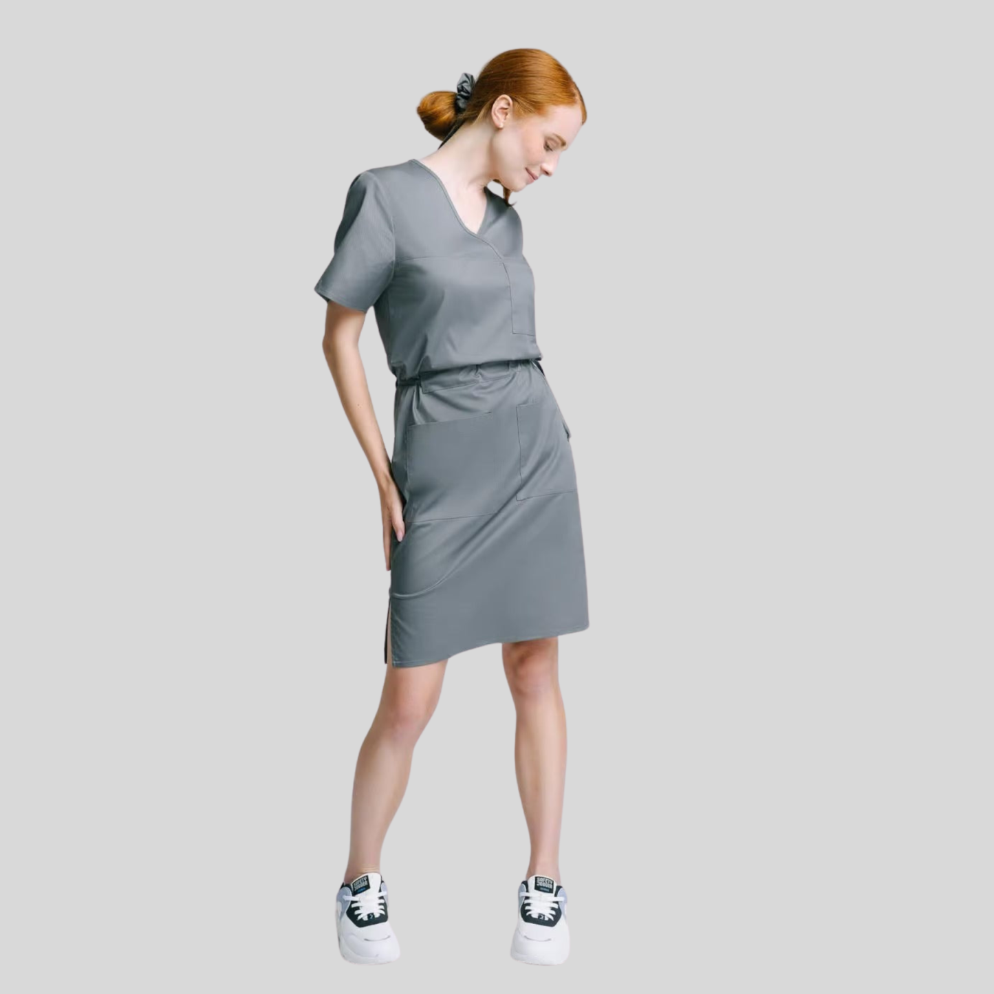Medical Casual V-Neck Elastic Waist Scrub Dress