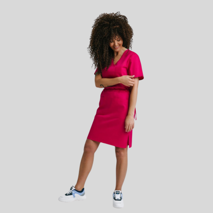 Medical Casual V-Neck Elastic Waist Scrub Dress