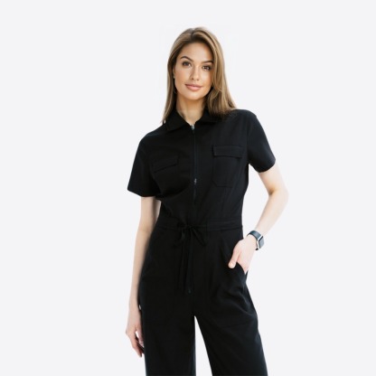 Women's Polo Neck Four Pockets Straight Leg Jumpsuit