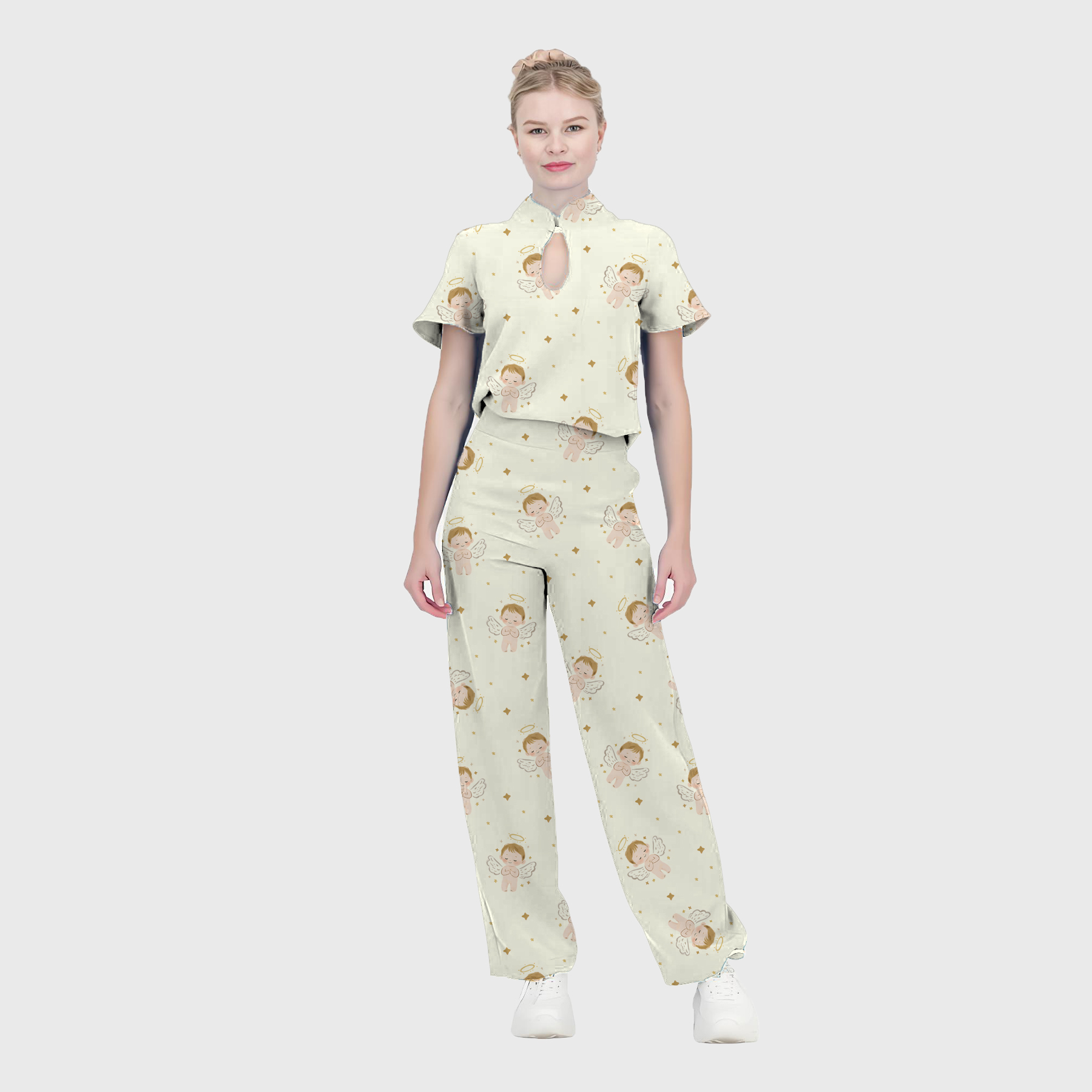 Women's Keyhole Cutout Cute Angel Printed Scrub Set SP09