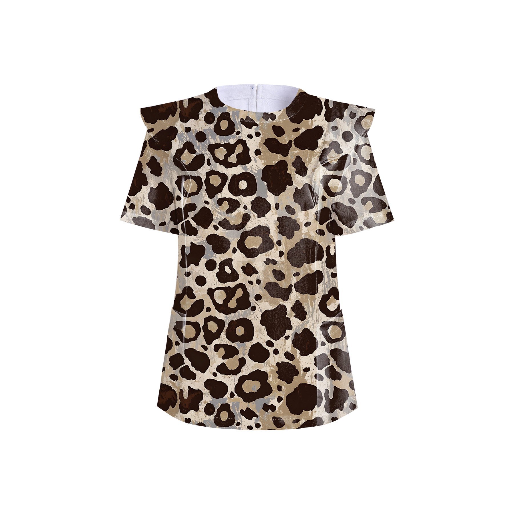 Women's Crew Neck Brown Leopard Printed Scrub Top
