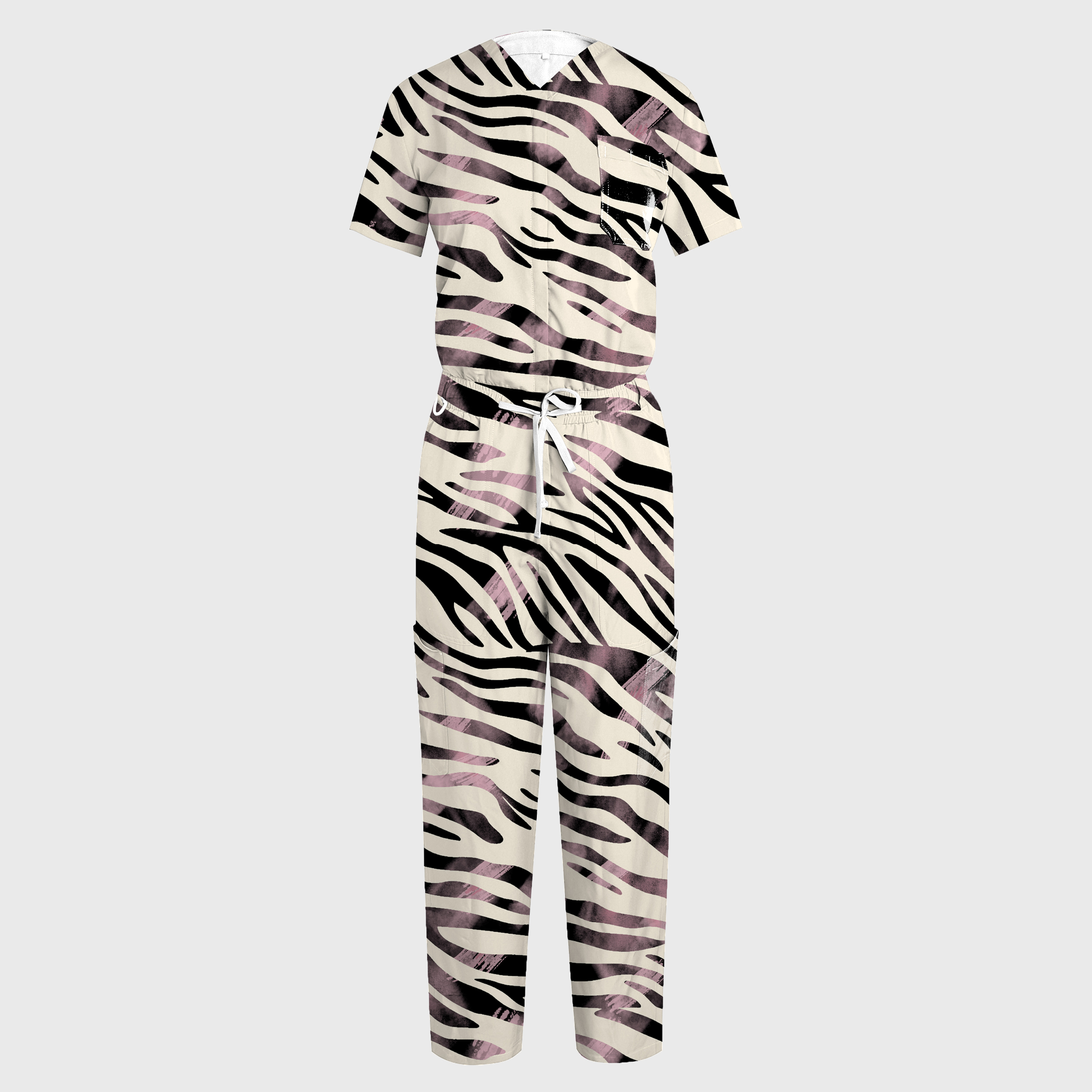 Women's Zebra Stripes V-neck Wide Leg Scrub Jumpsuit