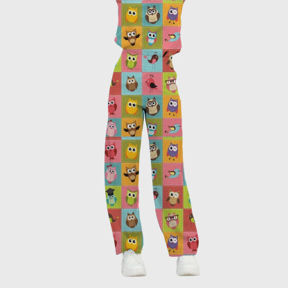 Women's Mandarin Collar Cute Owl Printed Scrub Set ST6192