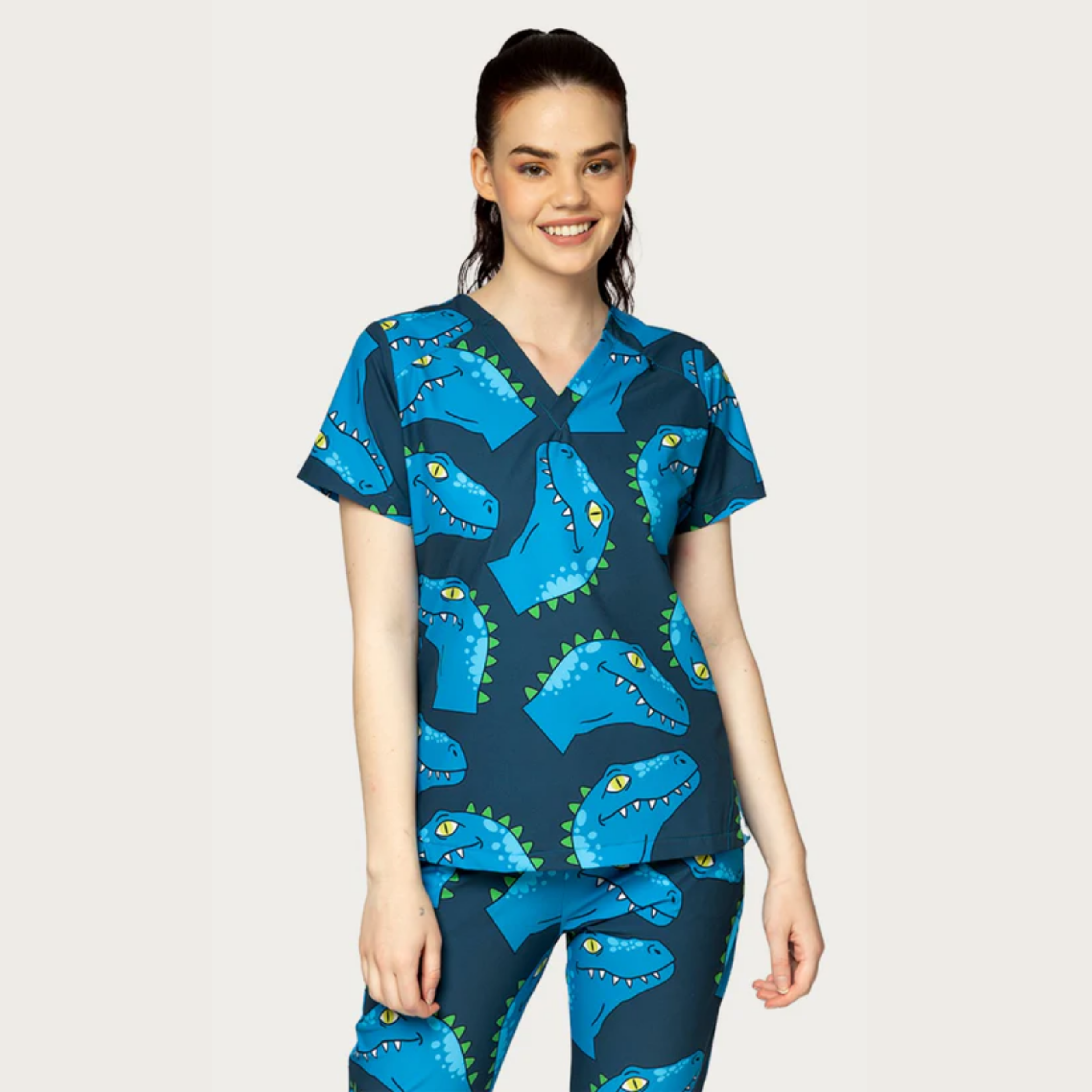 Women's Blue Dinosaur V-neck Scrub Top
