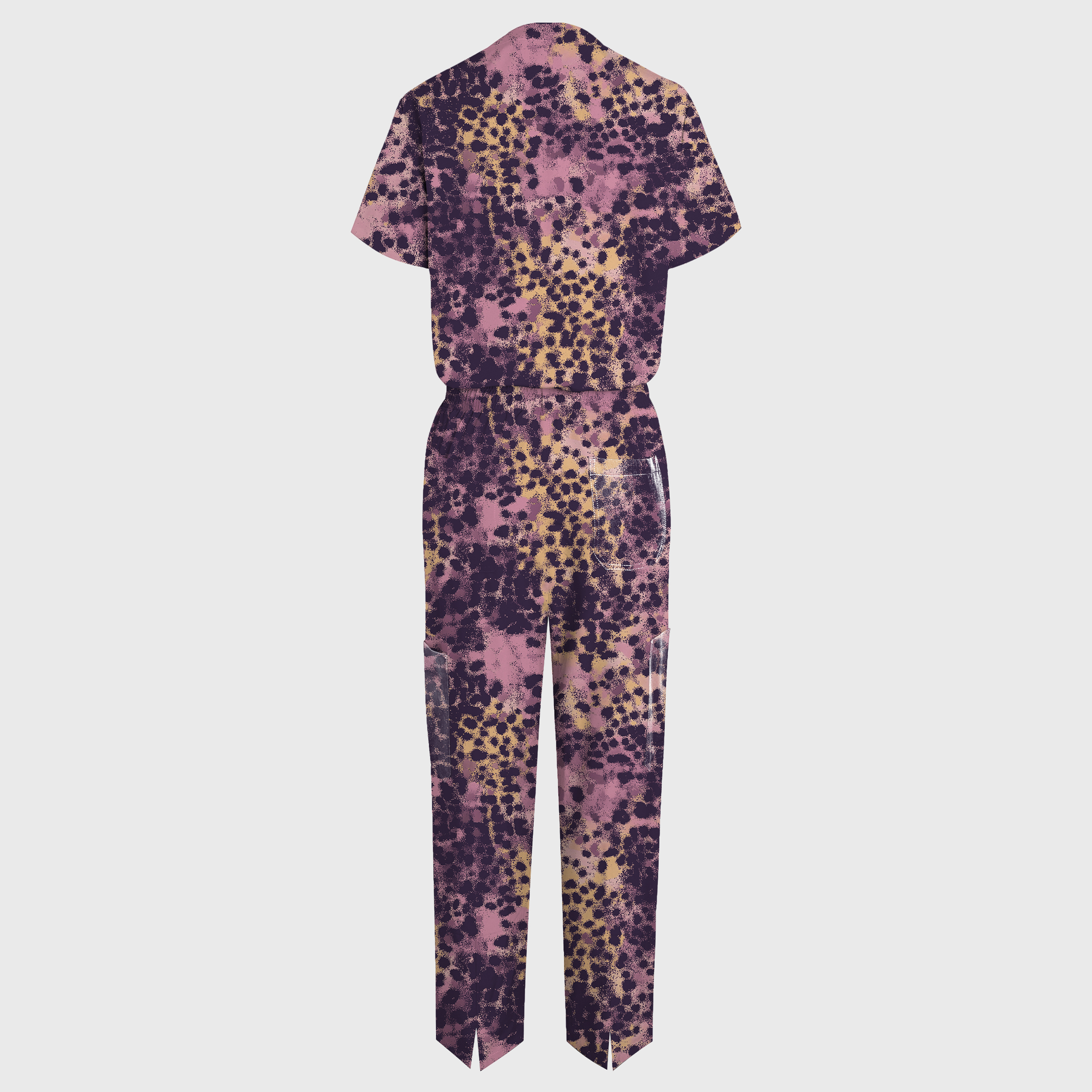 Women's Purple Leopard Print V-neck Wide Leg Scrub Jumpsuit