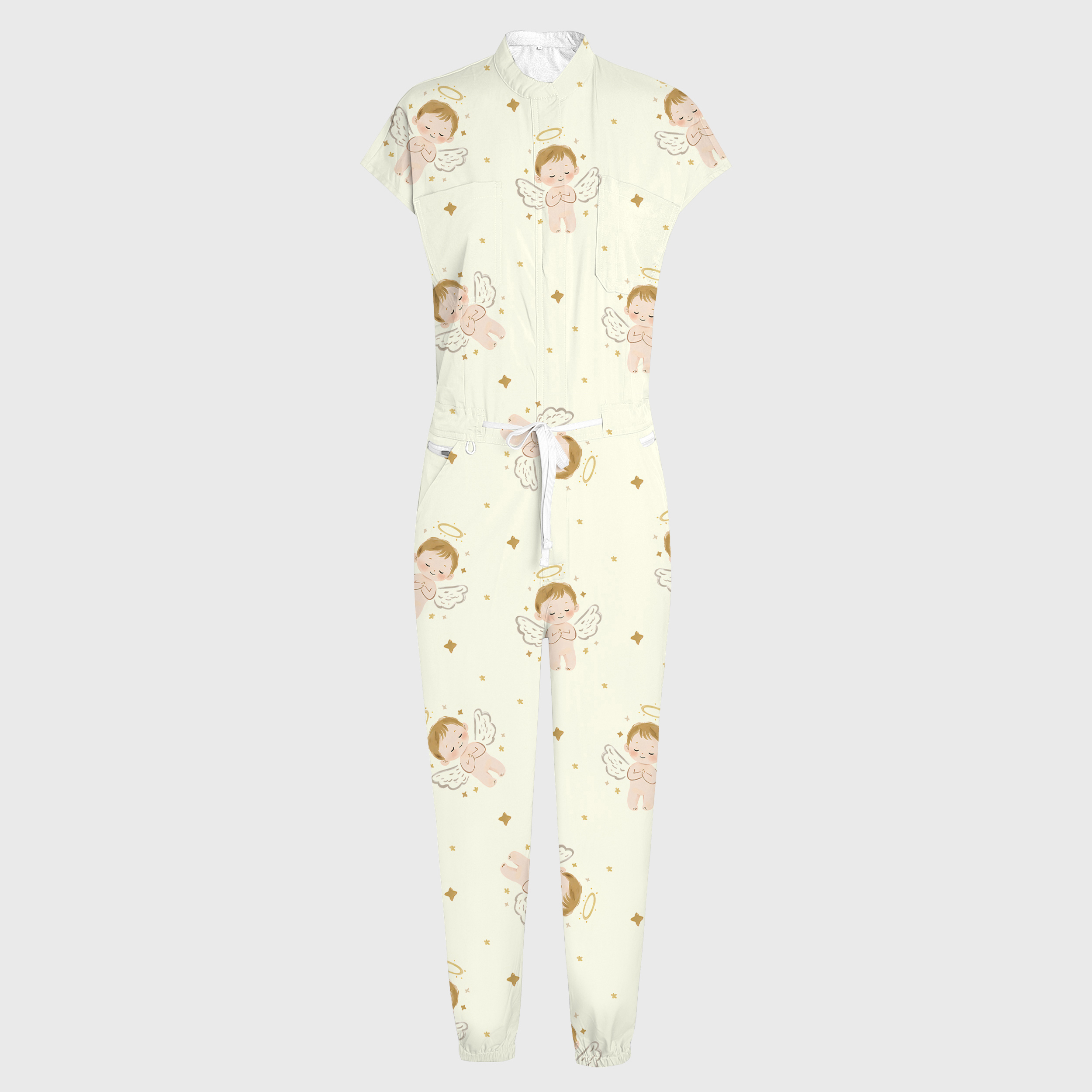 Women's Angel Babies Print 12-Pocket Jogger Scrub Jumpsuit