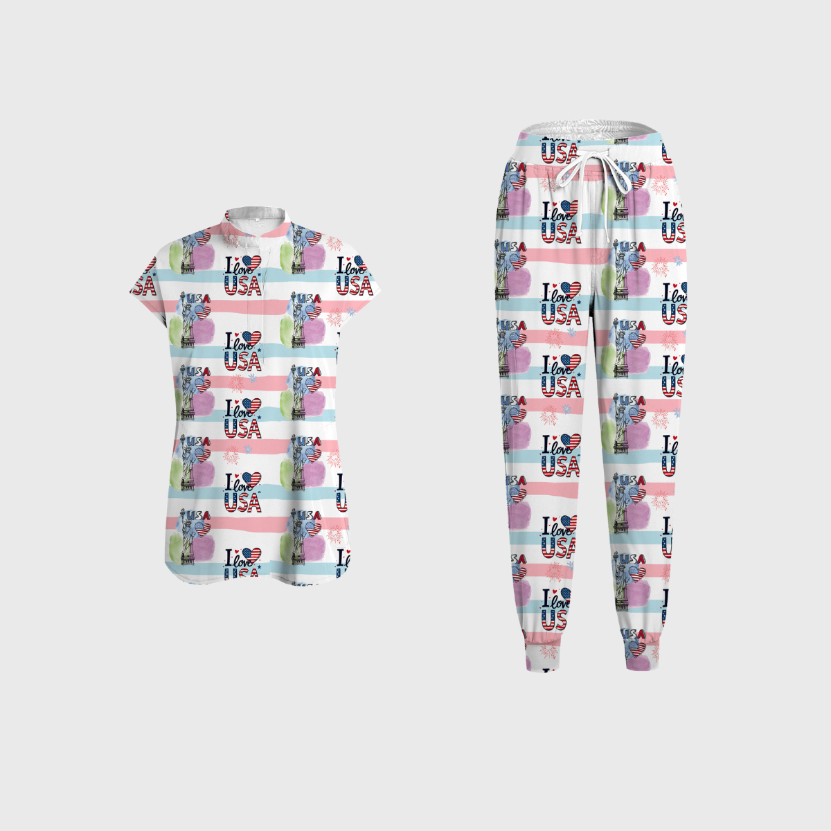 Women's Round Neck Independence Day Printed Scrub Set SI14