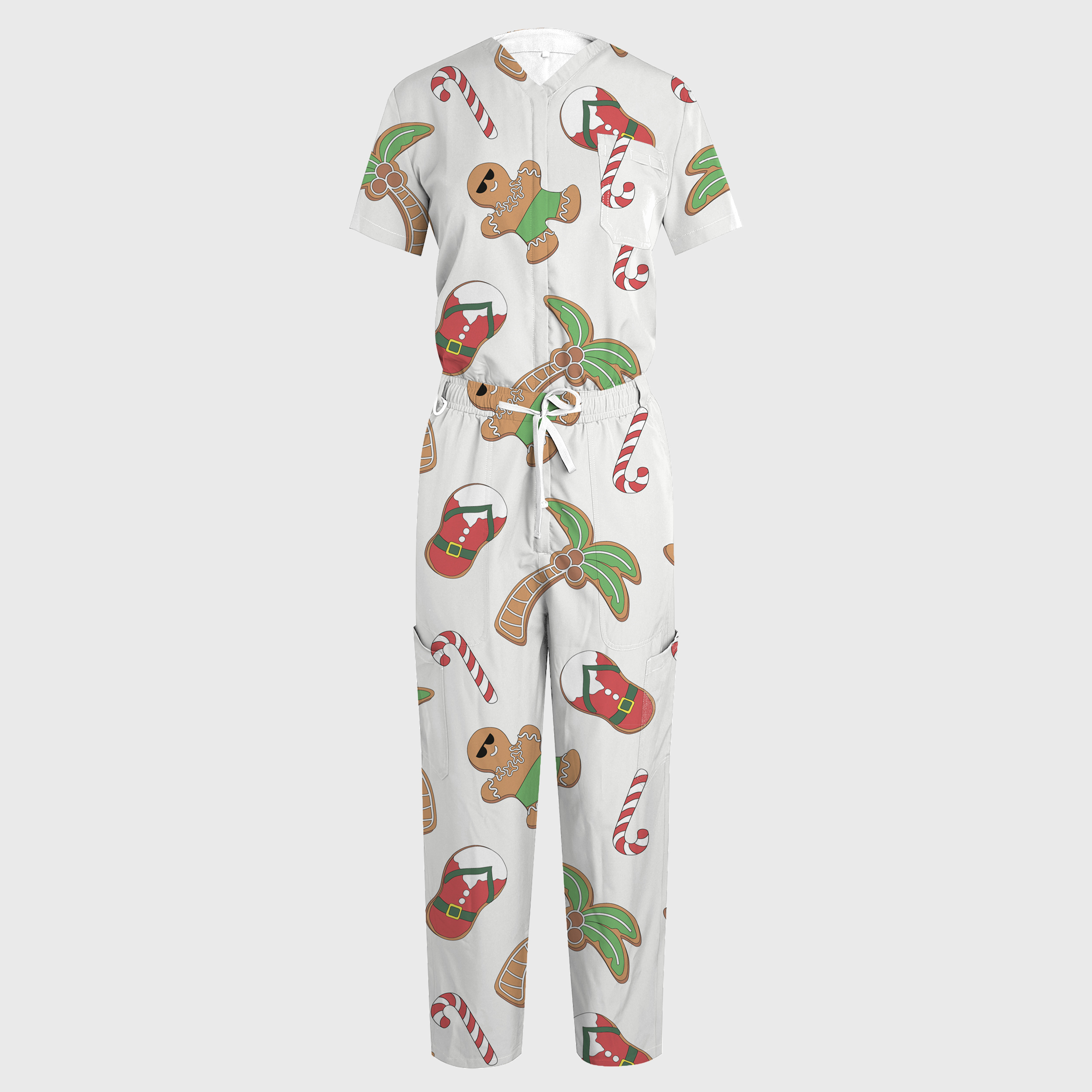 Women's Gingerbread Man V-neck Wide Leg Scrub Jumpsuit