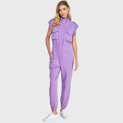 Women's High Neck Folded Sleeves with Epaulettes Jumpsuit