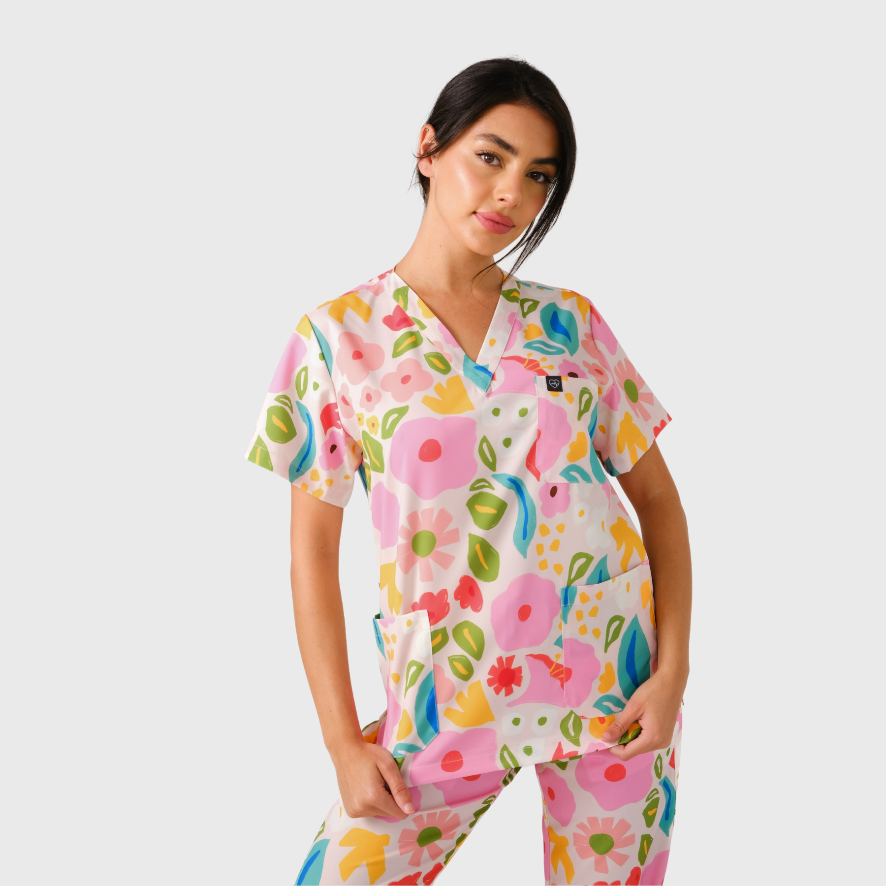 Women's V-Neck 3 Pockets Summer Garden Print Scrub Top