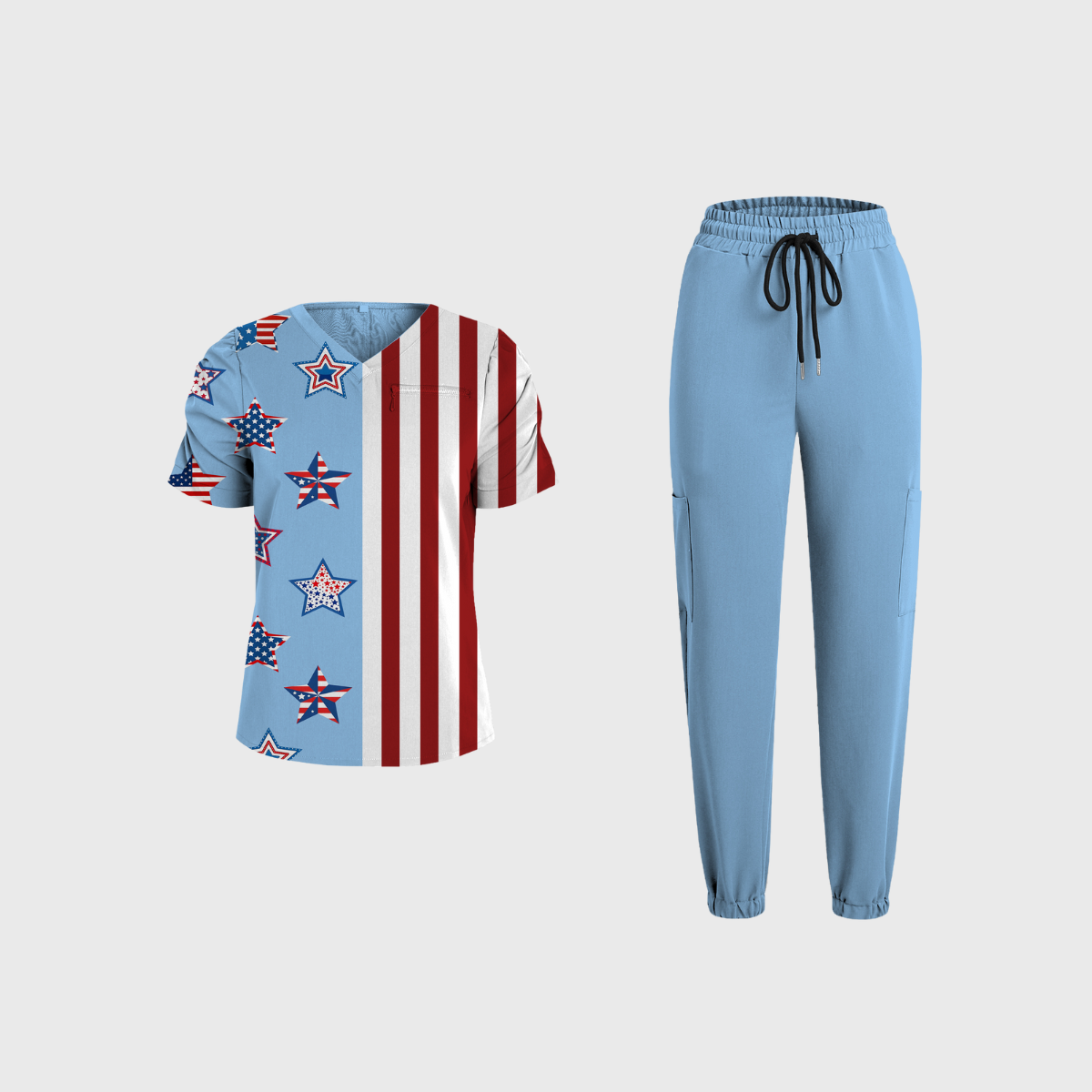 Women's V-Neck Independence Day Printed Scrub Set SI19