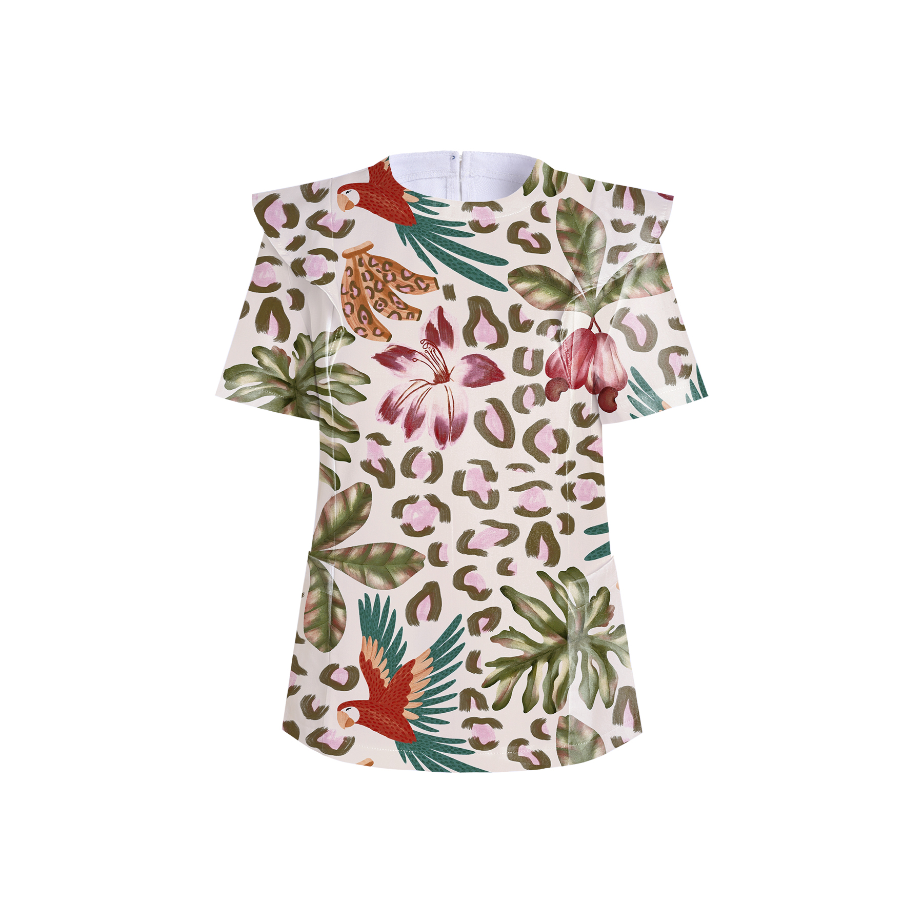 Women's Crew Neck Tropical Jungle Printed Scrub Top