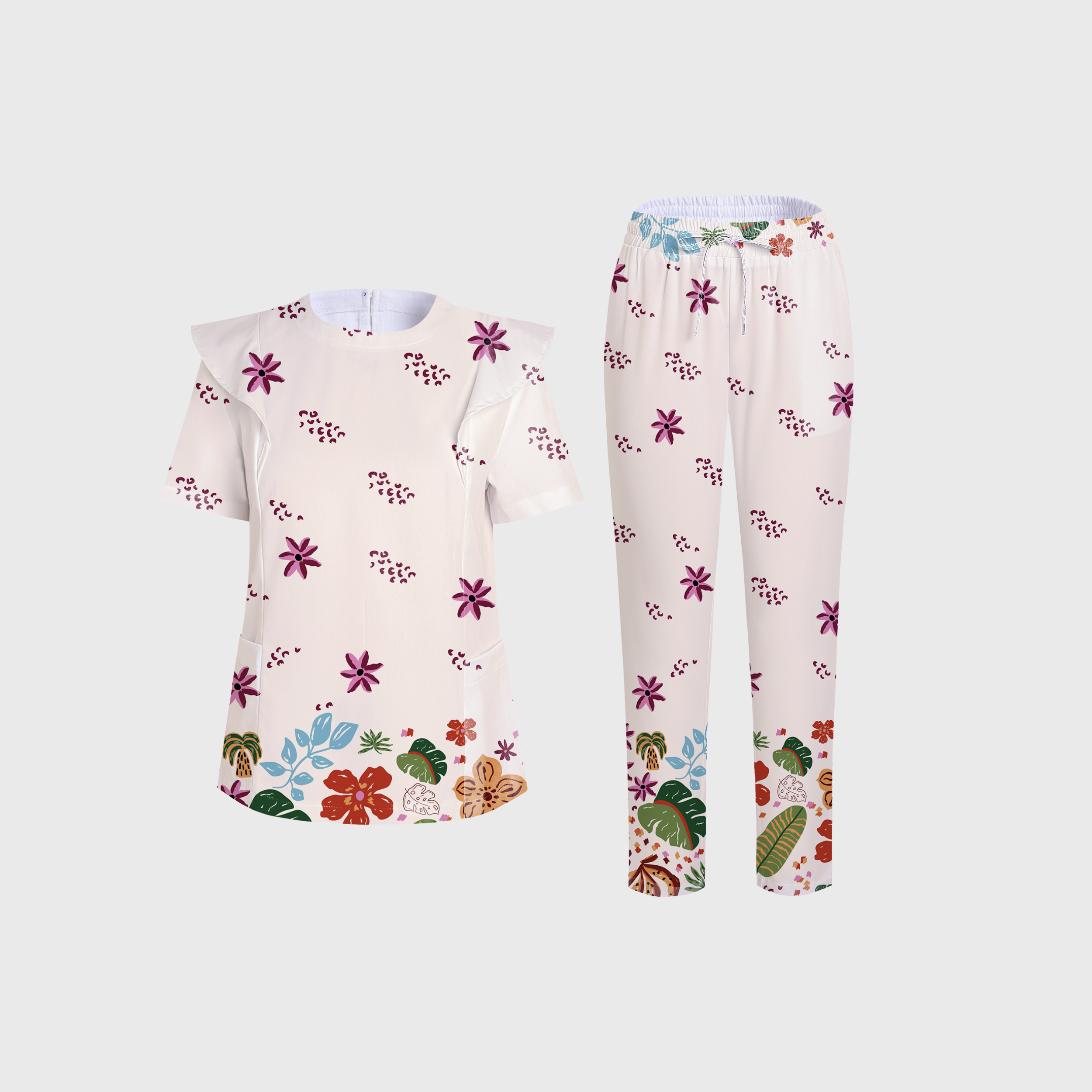 Women's Crew Neck Summer Floral Printed Scrub Set PT02