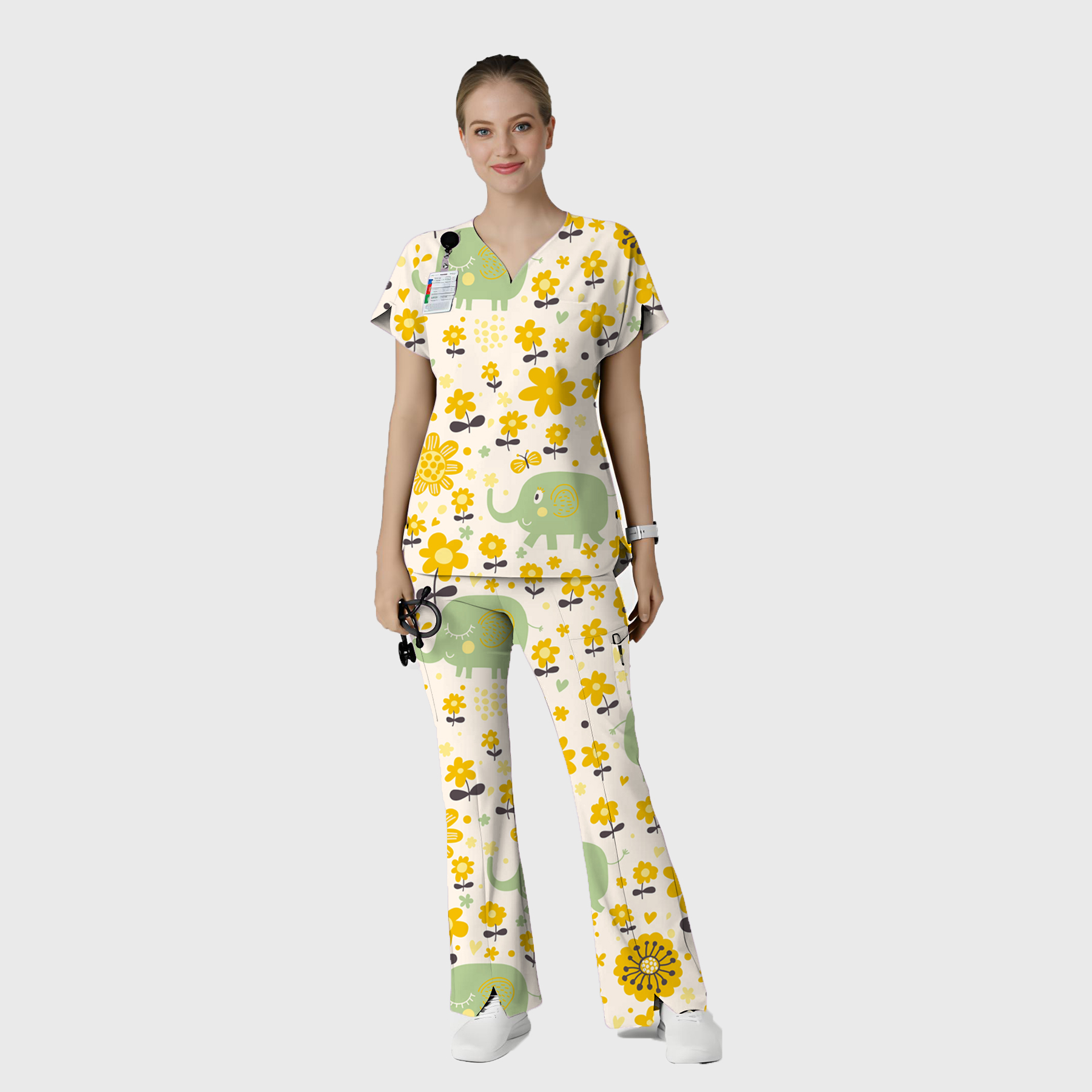 Women's V-neck Baby Elephant Printed Scrub Set SP03