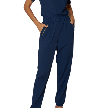 Women's Zipper Decorative Pocket Elastic Waist Scrub Pants