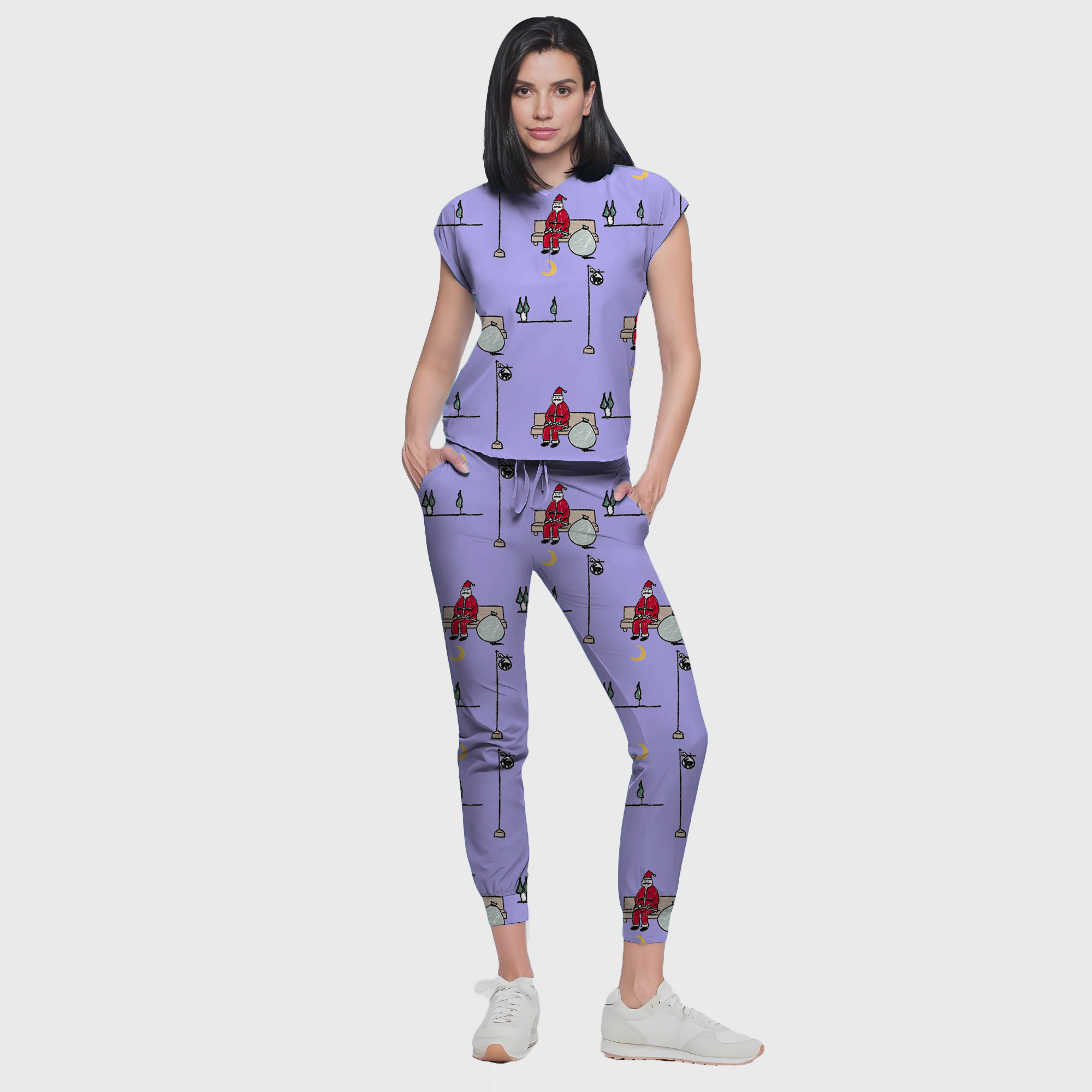 Women's Colorful Santa Claus Pattern Nurse Scrub Set