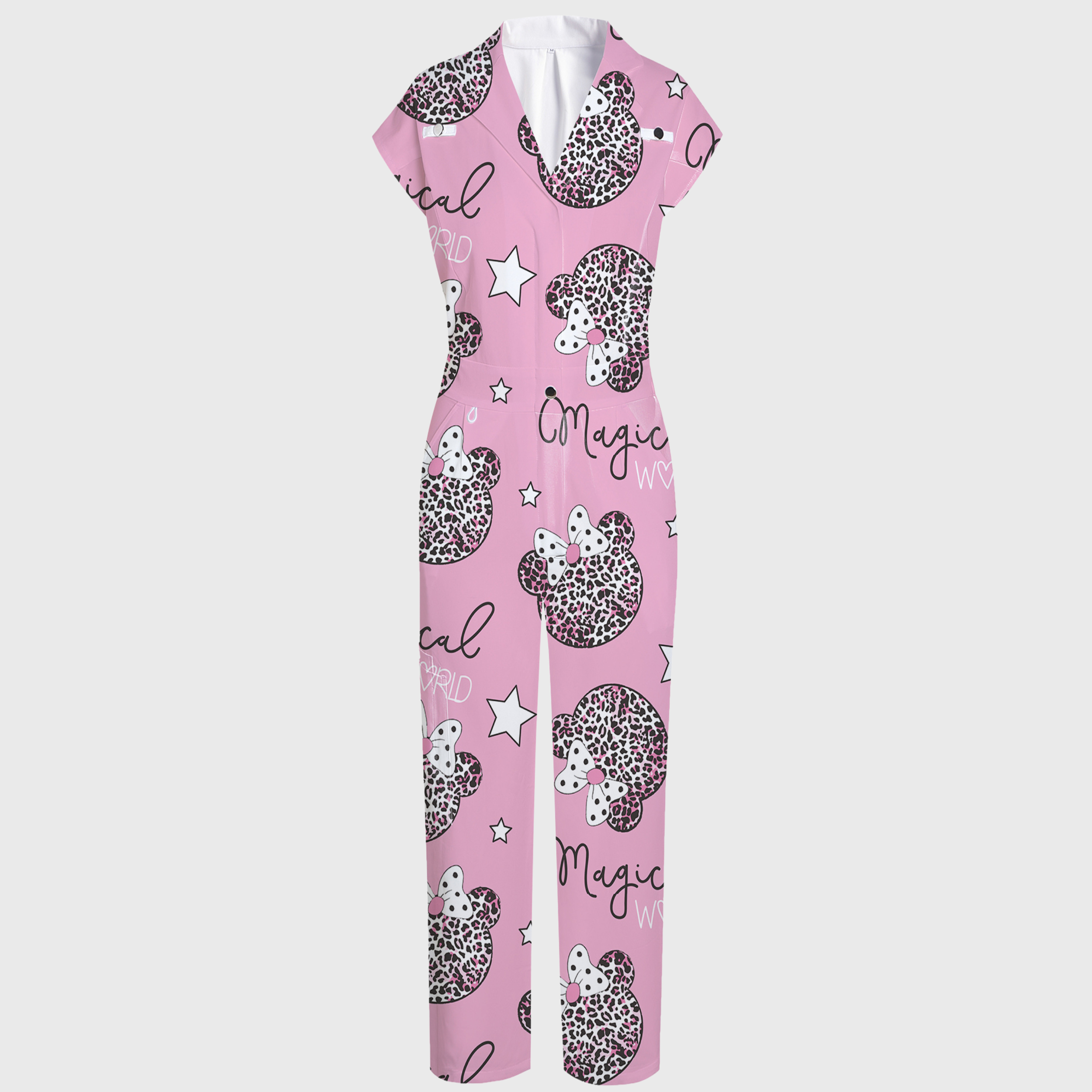 Women's Cute Mouse Print Wide Leg Frosted Scrub Jumpsuit
