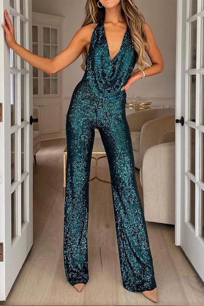 Silver Party Solid Sequins Halter Boot Cut Jumpsuits(5 Colors)