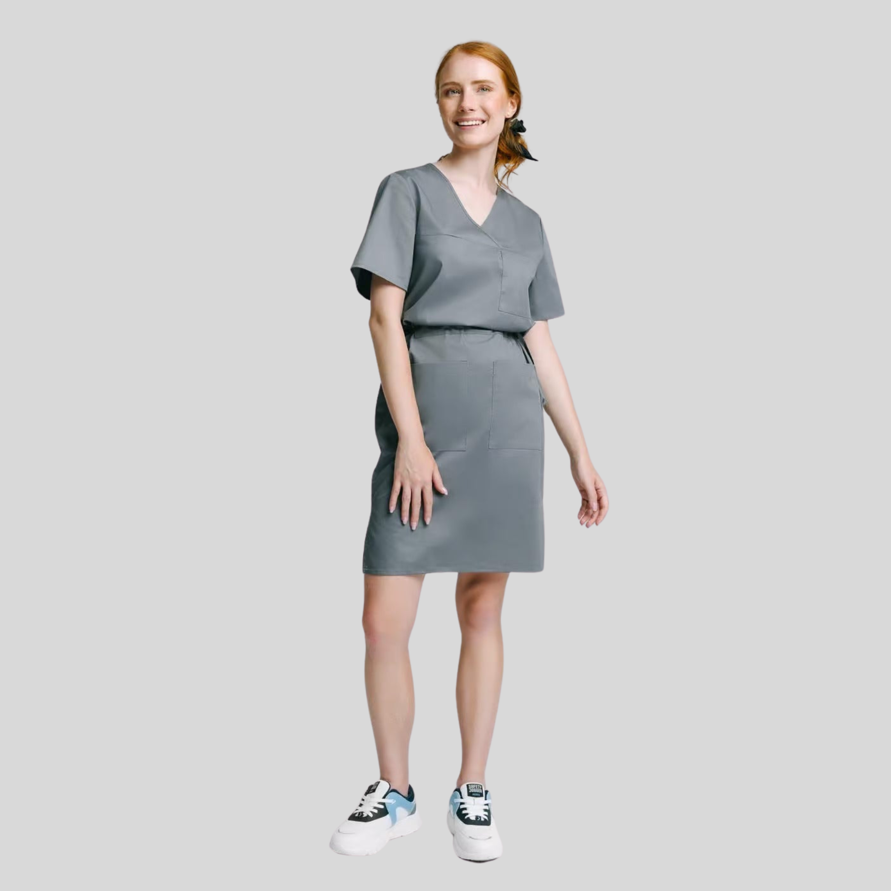 Medical Casual V-Neck Elastic Waist Scrub Dress