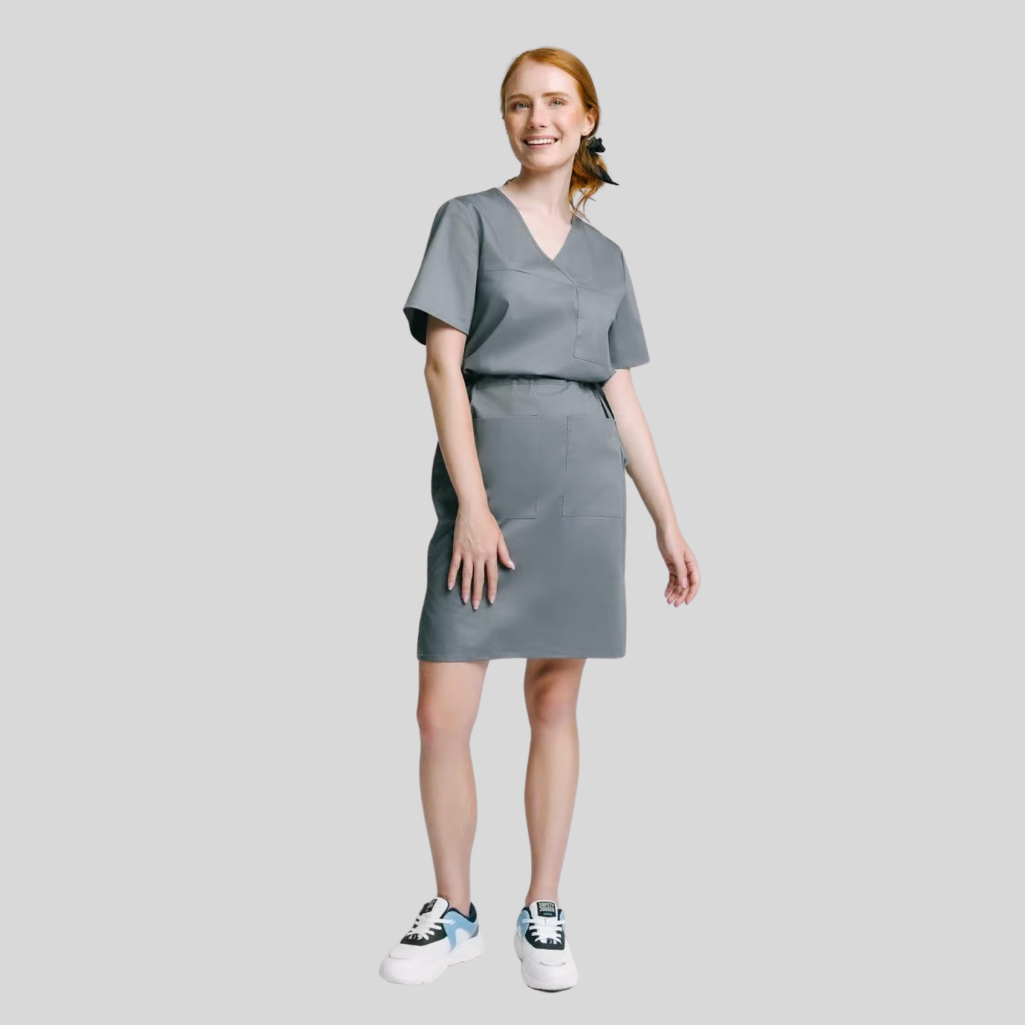Medical Casual V-Neck Elastic Waist Scrub Dress