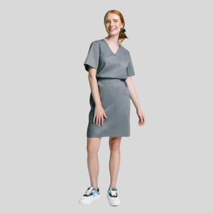 Medical Casual V-Neck Elastic Waist Scrub Dress