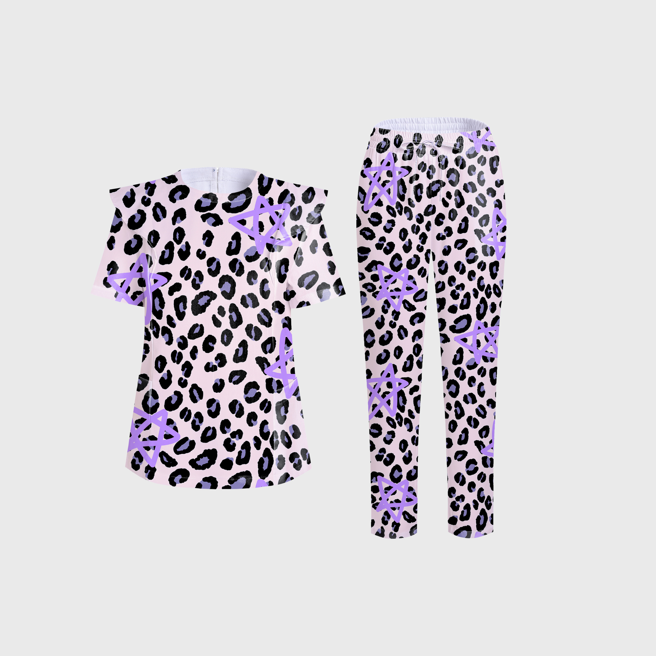 Women's Purple Star Leopard Printed Scrub Set PT03