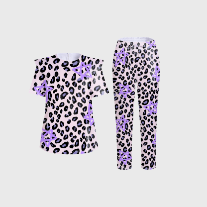 Women's Purple Star Leopard Printed Scrub Set PT03