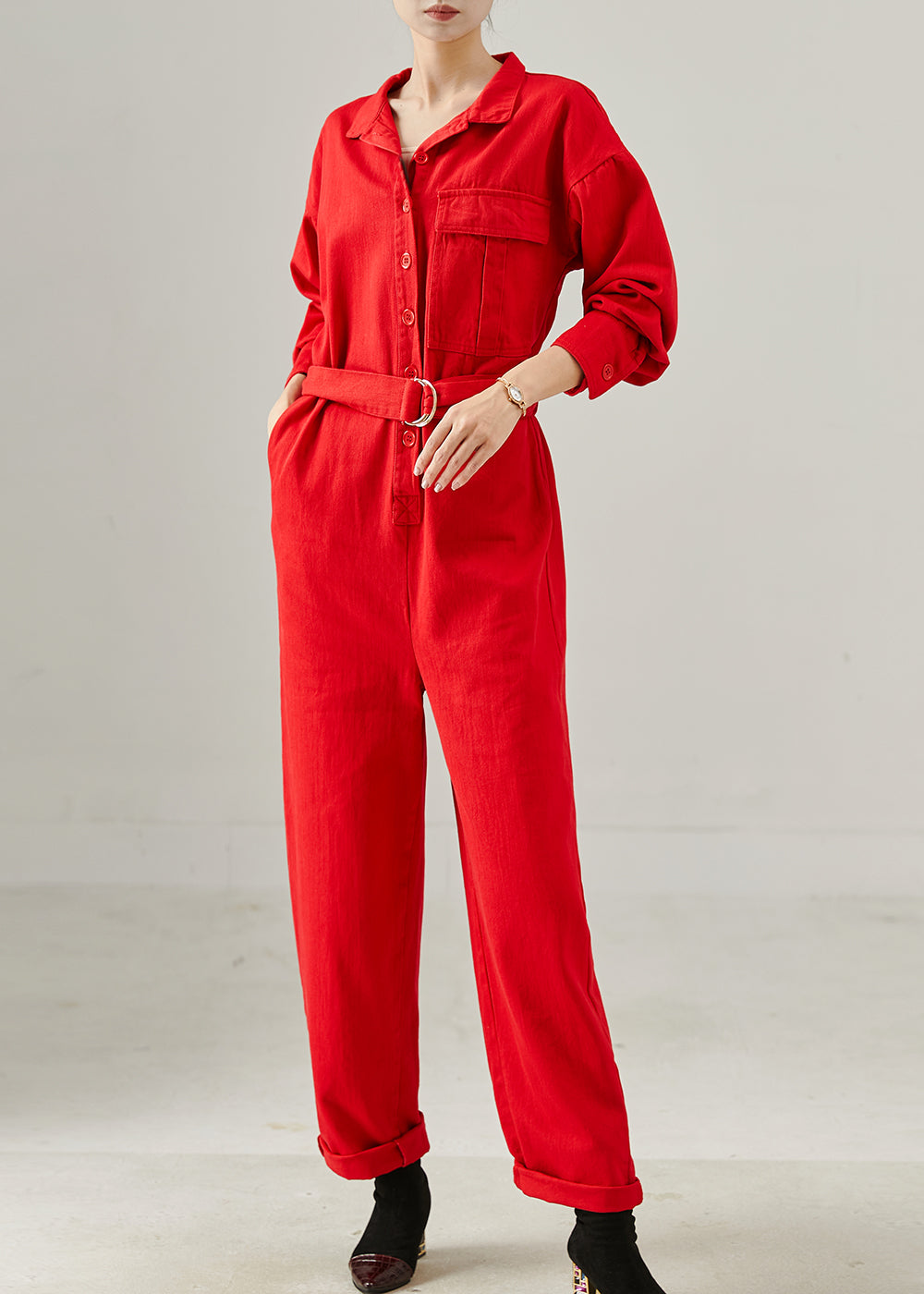 Red Tie Waist Cotton Overalls Jumpsuits