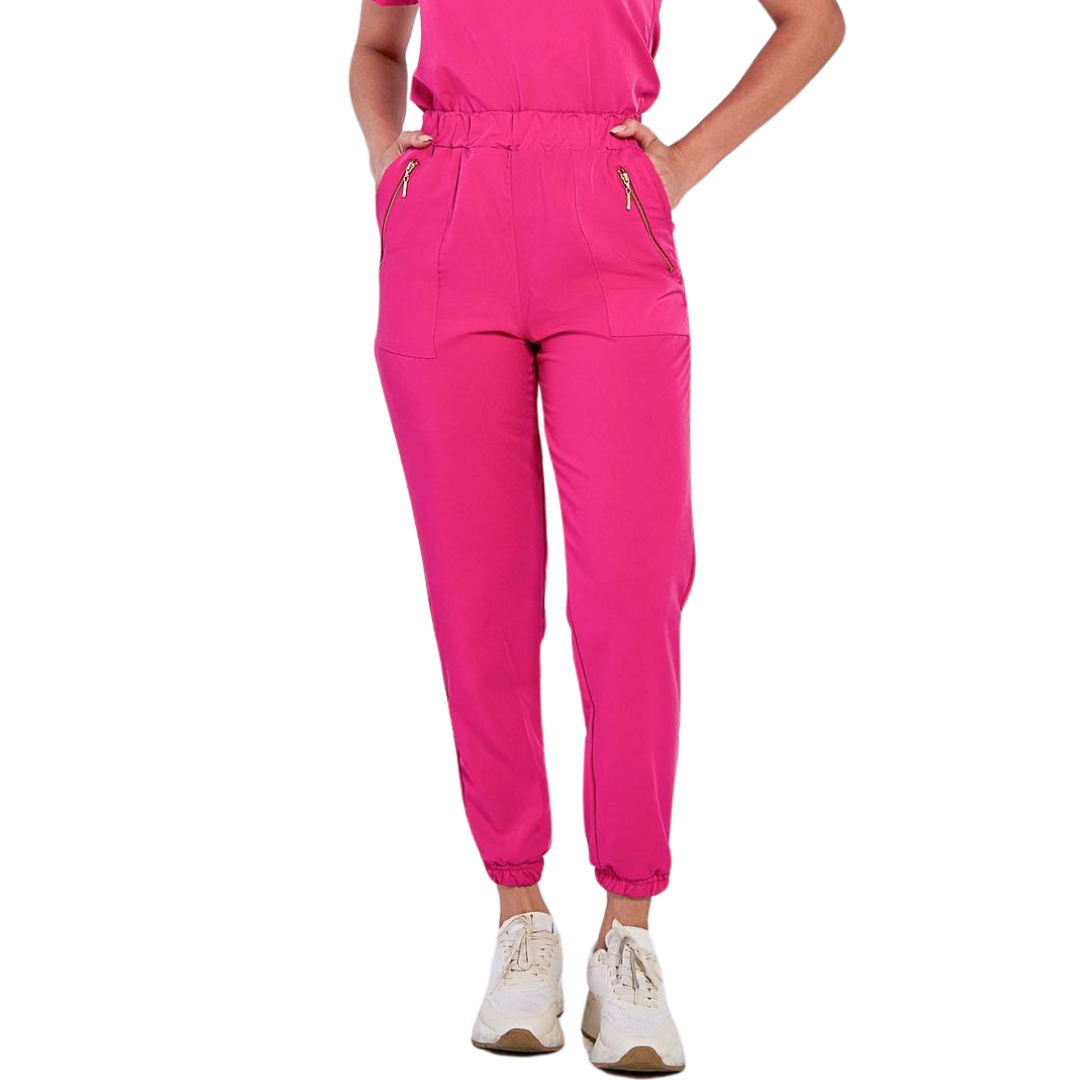Women's Zipper Decorative Pocket Elastic Waist Scrub Pants
