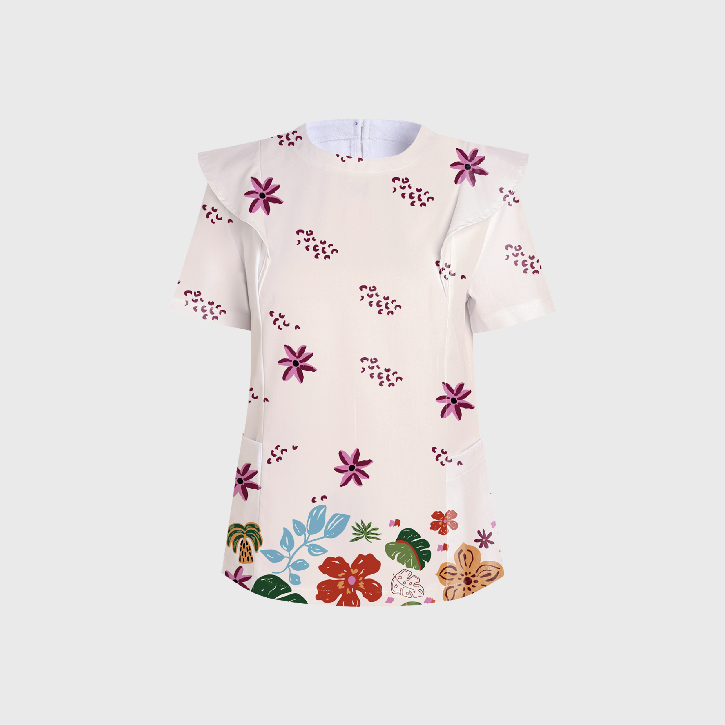 Women's Crew Neck Summer Floral Printed Scrub Set PT02
