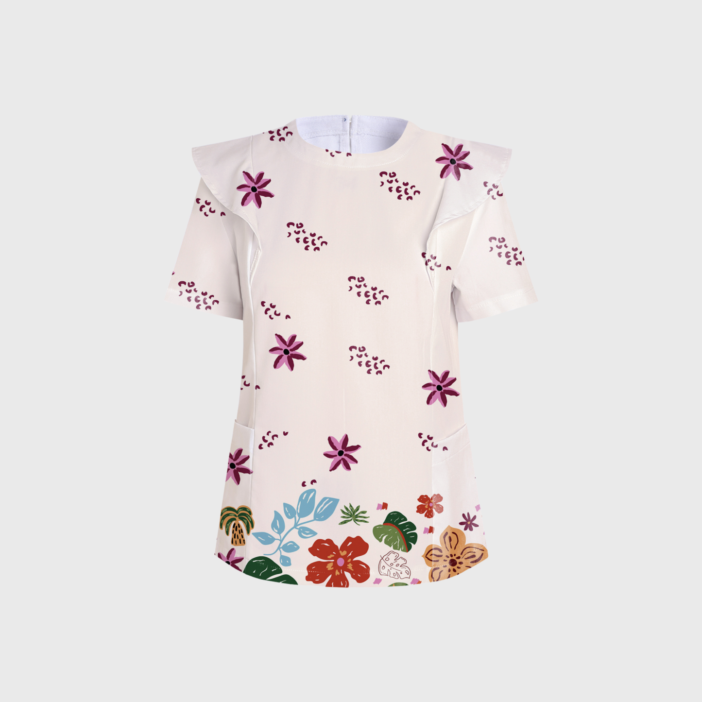 Women's Crew Neck Summer Floral Printed Scrub Set PT02