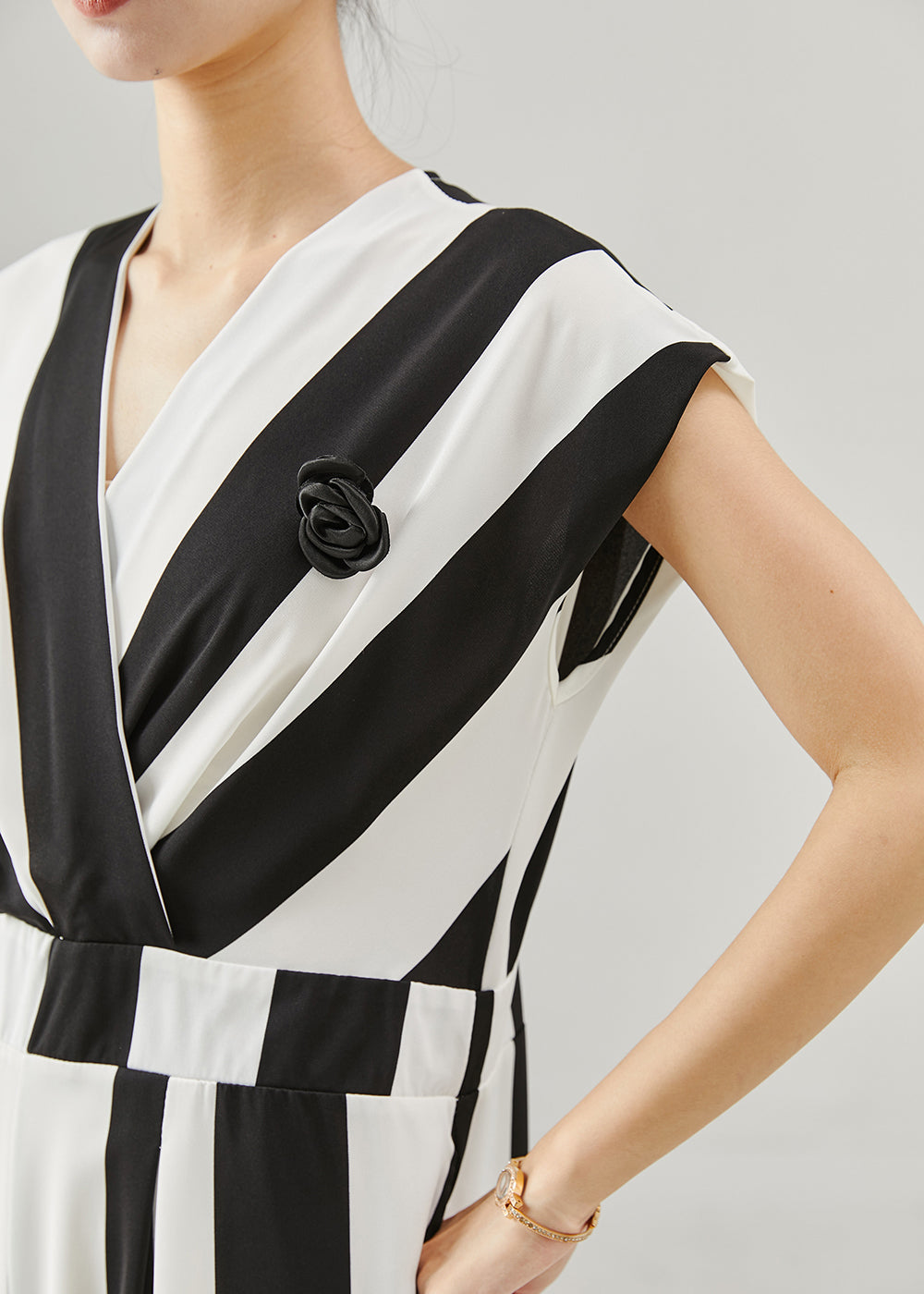 Black White Striped Chiffon Jumpsuits 