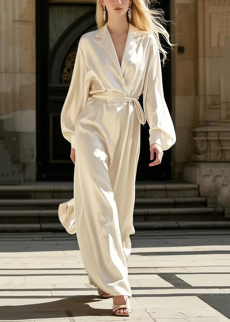 Women Milk White Silk Overalls Jumpsuit 