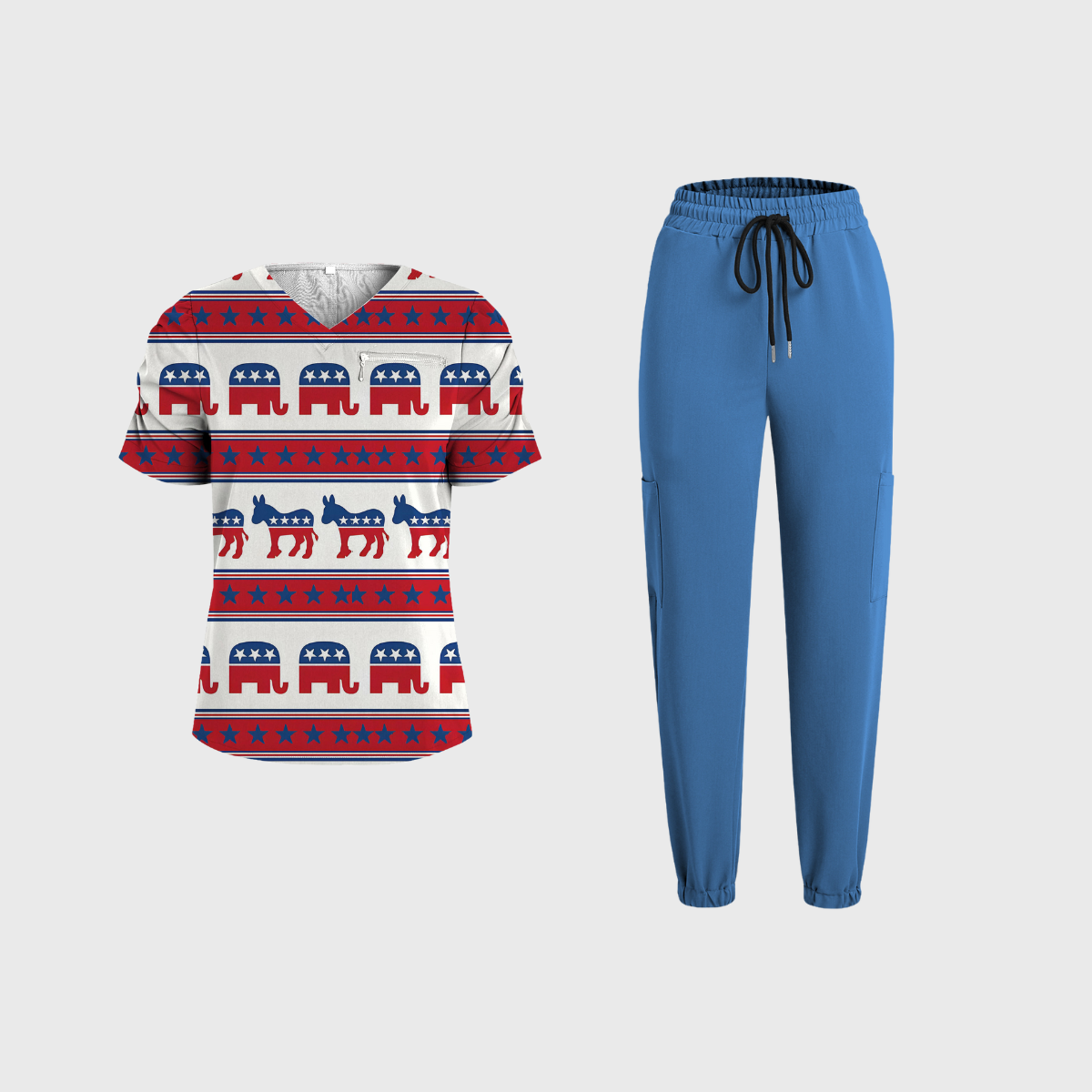 Women's V-Neck Independence Day Printed Scrub Set SI20
