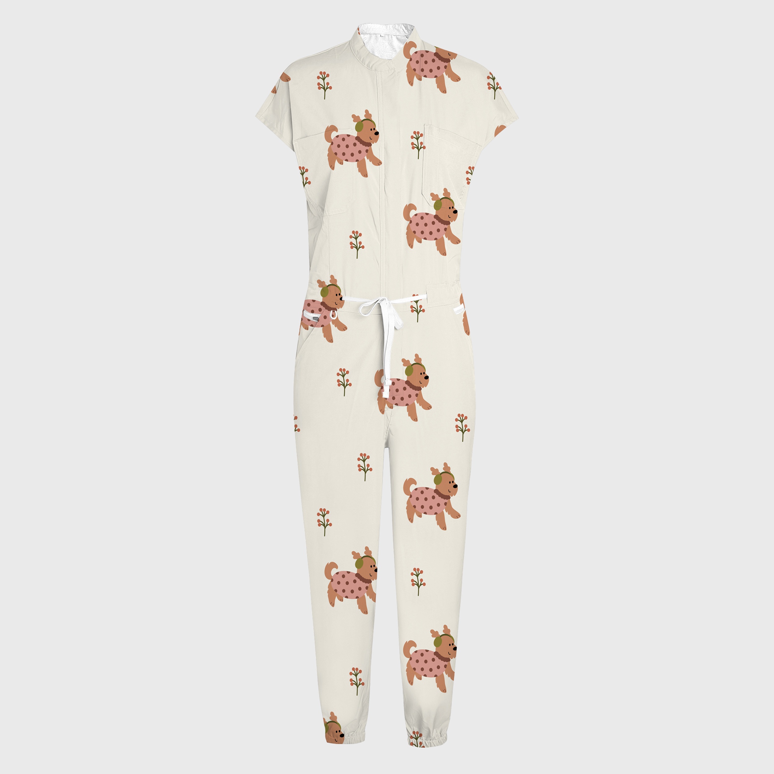 Women's Cute Dog Printed 12-Pocket Jogger Scrub Jumpsuit
