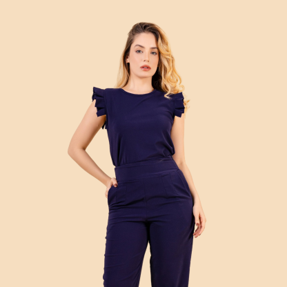 Round Neck Pleated Sleeve Scrub Top For Women