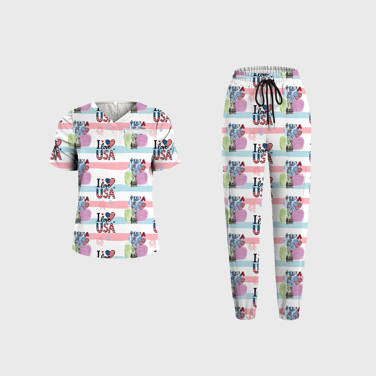 Women's V-Neck Independence Day Printed Scrub Set SI21