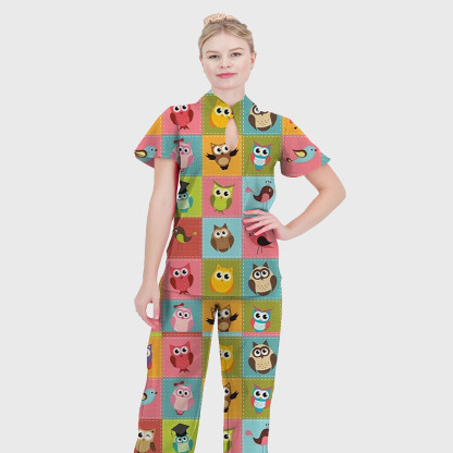 Women's Mandarin Collar Cute Owl Printed Scrub Set ST6192