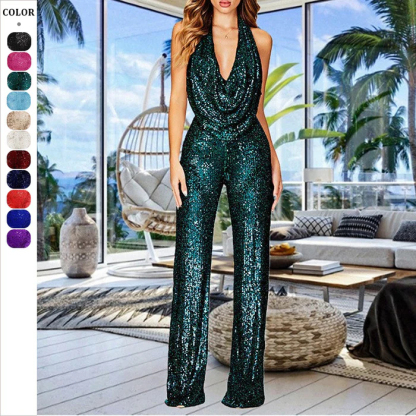 Silver Party Solid Sequins Halter Boot Cut Jumpsuits(5 Colors)