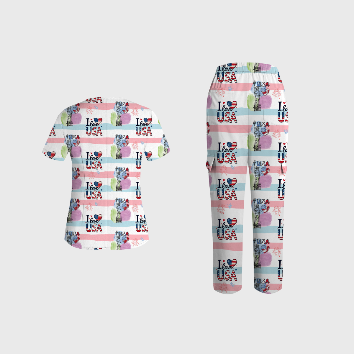 Women's V-neck Independence Day pattern Scrub Set SI07